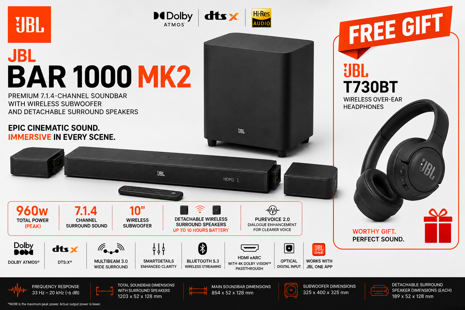 JBL BAR 1000MK2 + FREE JBL T730BT